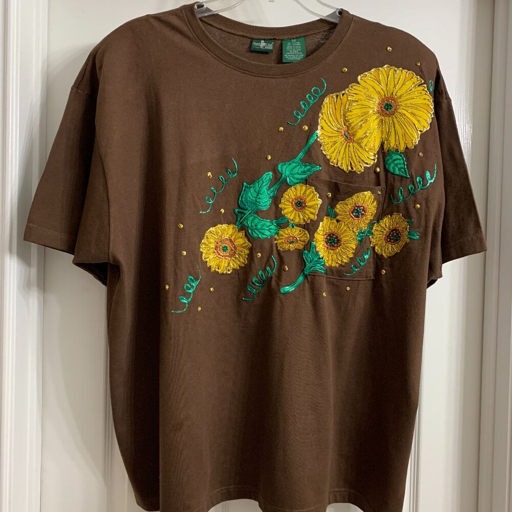 Hunt Club Chocolate Brown Tee with Handpainted Yellow Flowers Size 3X